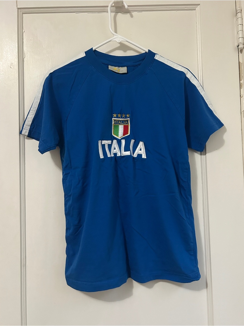 Italia Crest Blue Men's Jersey Tee with White Shoulder Stripes